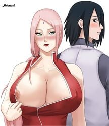 1boy 1girls alternate_breast_size areolae big_breasts black_eyes black_hair blush boruto:_naruto_next_generations breasts breasts_out busty clothing couple erect_nipples female forehead_jewel green_eyes human large_breasts lipstick long_hair looking_back male mature mature_female milf naruto naruto_(series) nipples open_clothes open_shirt pink_hair ponytail red_lipstick revealing_clothes sakura_haruno salazr4 sasuke_uchiha seductive