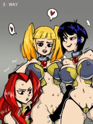 3_way_(slut_squad) 3girls armor big_breasts bikini_armor black_hair blonde_hair cherry_(3_way) fingering group_sex melody_(3_way) multiple_girls red_hair science_fiction tagme trix_(3_way) yuri