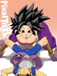 1boy 1girls alternate_breast_size big_breasts black_eyes black_hair breasts bulge cabba caulifla cleavage clothed curious dragon_ball dragon_ball_super huge_breasts larger_female nervous pink_bra pixaltrix saiyan size_difference smaller_male text watermark