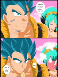 ass black_eyes black_hair blue_eyes blue_hair bulchi bulma_briefs busty chichi cleavage comic dragon_ball earrings eating erect_penis female french_kiss gloves gogeta hand_on_ass humor kissing long_hair male muscular_male nala1588 penis_bulge spiky_hair super_saiyan_blue thick_thighs thighhighs tongue_out wholesome