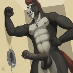 1:1 1boy 2017 5_fingers abs anatomically_correct anatomically_correct_penis animal_genitalia animal_penis anthro armpits biceps black_fur black_penis blue_eyes bodily_fluids cum cum_string digital_media_(artwork) dog_tags equine equine_penis erection eyebrows fingers furry genital_fluids glory_hole grey_nipples hair hand_on_hip hi_res horse horsecock humanoid_hands jodira male male_only mammal medial_ring muscular muscular_male nipples pecs penis red_hair red_tail rov short_hair signature solo standing testicles text vein veins veiny_penis watermark wet white_eyebrows