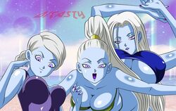 3girls angel angel_(dragon_ball) artist_name big_breasts bikini blue_skin braided_ponytail breasts cus dicasty dragon_ball dragon_ball_super female female_only huge_breasts looking_at_viewer mikoshin multiple_girls open_mouth ponytail purple_eyes purple_lips purple_nails shounen_jump swimsuit underboob vados white_hair