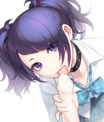 1girls bangs blue_bow bow choker commentary_request cum diagonal_bangs eyebrows_visible_through_hair female holding idolmaster idolmaster_shiny_colors licking looking_at_viewer oral penis purple_eyes purple_hair shirt skirt solo_focus suggestive sunaba_suzume tagme tanaka_mamimi tongue tongue_out twintails white_shirt