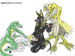 2007 anal anubis avian balls bodily_fluids canid canine canis crocodile crocodilian crocodylid cum deity egyptian_mythology fellatio genital_fluids group group_sex handjob jackal male male_only mammal middle_eastern_mythology mythology navel nipples oral orgy penile penis randomdragon reptile scalie sex simple_background white_background