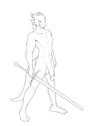 2019 anthro argonian balls bethesda_softworks big_penis digital_media_(artwork) flaccid free_art hi_res horn jakethegoat looking_at_viewer male male_only melee_weapon muscular muscular_male nude pecs penis piercing scalie simple_background sketch smile smirk solo standing sword the_elder_scrolls video_games weapon