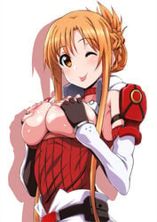 1girls ;p airando areolae armpit_crease bangs belt belt_pouch black_gloves blush braid breasts breasts_out brown_eyes brown_hair commentary_request covering covering_breasts elbow_gloves eyebrows_visible_through_hair female female_focus female_only fingerless_gloves folded_ponytail gloves highres large_breasts light_blush long_hair long_sleeves looking_at_viewer nipple_slip nipples one_eye_closed orange_eyes pouch shiny_skin shoulder_armor sidelocks simple_background smile solo solo_female solo_focus sword_art_online tareme tongue tongue_out upper_teeth white_background yuuki_asuna