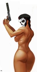 1girls ass big_ass big_breasts big_butt black_nails brazilian brazilian_female breasts brown_hair caveira_(rainbow_six) dark-skinned_female dark_skin facepaint female female_only firearm green_eyes greenfireartist gun handgun holding_gun holding_pistol holding_weapon hourglass_figure large_ass latina looking_back nail_polish naked naked_hat nude painted_nails pistol ponytail pose rainbow_six rainbow_six_siege sideboob solo spectrym suppressor tan_skin thick_ass thick_thighs tom_clancy ubisoft video_games weapon white_background