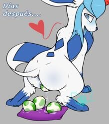 <3_eyes anthro anus ass bodily_fluids eeveelution egg egg_laying fangs female furry genital_fluids glaceon glacy_the_glaceon_(miu_vamcat) heart hi_res miu_vamcat nintendo open_mouth pokémon_(species) pokemon pussy pussy_juice shiny_pokémon solo spanish_text teeth text tongue tongue_out video_games