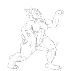 2019 abs anthro big_breasts breasts digital_media_(artwork) dragon female flexing free_art fur hair hi_res horn jakethegoat looking_at_viewer muscular muscular_female pecs pussy simple_background sketch smile wide_hips