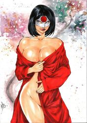 1girls 2019 big_breasts black_hair blue_eyes bottomless breasts busty cleavage dated dc dc_comics dress ed_benes_studio female female_only human japanese_flag katana katana_(dc) kimono lanio_sena large_breasts lipstick mask nail_polish no_bra no_panties outsiders pink_nail_polish pink_nails pinup red_dress red_kimono short_hair signature solo standing suicide_squad superheroine tatsu_yamashiro thick_thighs thighs