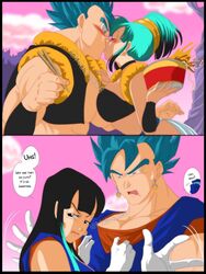 ass black_eyes black_hair blue_eyes blue_hair bulchi bulma_briefs busty chichi chulma cleavage comic dragon_ball dragon_ball_super dragon_ball_z earrings eating erect_penis erection french_kiss gloves gogeta hand_on_ass humor husband_and_wife kissing long_hair looking_at_penis looking_down metamoran_clothing muscular_male nala1588 penis_bulge potara_earrings shirt_grab speech_bubble spiky_hair super_saiyan_blue thick_thighs thighhighs tongue_out vegito