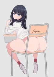 anus ass ass_focus bare_legs black_hair blue_eyes blush bottomless cameltoe chair cleft_of_venus dat_ass desk fat_mons female female_only female_solo hips huge_ass innie_pussy inverted_nipples large_ass leaning_forward legs looking_at_viewer looking_back medium_hair peach_pussy plump_labia poin presenting_hindquarters puffy_pussy pussy shiny shiny_skin shirt shoes signature simple_background sitting sitting_on_chair solo ssss.gridman sweat takarada_rikka thick_thighs thighs uncensored viewed_from_behind voyeur white_footwear white_shirt wide_hips