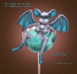 alcohol anthro beverage blue_eyes blue_skin breasts charbile cocktail female fur grey_fur heart hi_res mammal membrane_(anatomy) membranous_wings micro mouse murid murine natalie_mouse pussy rodent solo text unknown_artist wine_glass wings