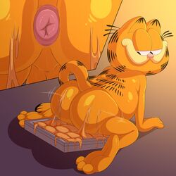 1:1 1boy anus ass big_ass domestic_cat felid feline felis food food_play garfield_(series) garfield_the_cat half-closed_eyes hi_res jerseydevil lasagna looking_back male male_only mammal nickelodeon paramount_pictures paws,_inc. raised_tail simple_background smile solo what