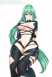 1girls blush bodysuit bondage bound breasts cleavage goddess green_hair green_heart jyuichi large_breasts long_hair looking_at_viewer navel neptunia_(series) ponytail power_symbol purple_eyes revealing_clothes symbol-shaped_pupils thighs vert wide_hips