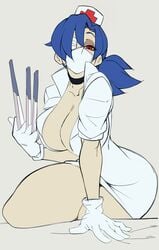 1girls bimbo blue_hair breasts cleavage dated eyepatch gloves hat highres large_breasts mask medical_eyepatch nisego nurse nurse_cap ponytail short_hair signature skullgirls solo thick_thighs thighs valentine_(skullgirls) weapon white_gloves