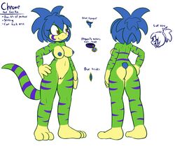 2019 3_toes anthro areola arm_marking ass big_feet blue_hair blue_nipples blue_pussy blue_tongue breasts butt_heart character_name chrome_(felino) clothing collar digital_media_(artwork) facial_markings fan_character felino female gecko green_skin hair head_markings hi_res information lizard long_tail markings model_sheet nipples non-mammal_breasts nude open_mouth ponytail purple_markings pussy reptile scalie simple_background solo species_name standing tail_markings toes tongue tongue_out yellow_eyes