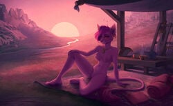 2019 anthro areola breasts day detailed_background digital_media_(artwork) domestic_cat ear_piercing ear_ring eyebrows eyelashes felid feline felis female fingers grass hair mammal nipples nude outside piercing purple_hair pussy sitting sky smile solo toes va_art vaart