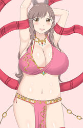 1girls blush breasts brown_eyes brown_hair cleavage cosplay embarrassed exhibitionism female female_only fire_emblem fire_emblem:_genealogy_of_the_holy_war fire_emblem_awakening hair_ornament huge_breasts jewelry large_breasts lene_(fire_emblem)_(cosplay) long_hair looking_at_viewer midriff milf navel necklace nintendo open_mouth plump raigarasu revealing_clothes smile solo sumia_(fire_emblem) thick_thighs thighs