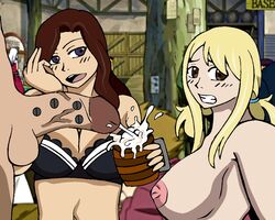 3boys 3girls blonde_hair brown_hair cana_alberona cleavage cum fairy_tail gajeel_redfox large_breasts lucy_heartfilia mirajane_strauss nipples penis