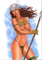 1girls alternate_costume anna_marie bandage bare_breasts bra breasts brown_hair ed_benes_studio erect_nipples exposed_breasts exposed_nipples exposed_pussy fabiano_oliveira female female_only green_eyes green_loincloth green_panties holding_spear holding_weapon homo_superior human lipstick loincloth long_hair marvel marvel_comics multicolored_hair mutant nipples panties pinup pussy red_lips red_lipstick rogue_(x-men) savage_land solo spear striped_hair superheroine useless_clothing vulva weapon white_hair x-men yellow_bra