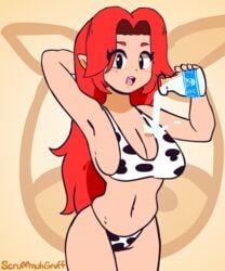 1girls animated armpits big_breasts bouncing_breasts bra breasts cleavage cow_print cow_print_bikini elf_ears female female_only freckles gif hand_behind_head large_breasts lon_lon_milk long_hair long_red_hair looking_at_viewer malon navel nintendo ocarina_of_time panties pouring_milk red_hair scruffmuhgruff solo standing the_legend_of_zelda very_long_hair