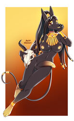 2019 4_toes 5_fingers anthro areola balls black_hair breasts canid canine canis digital_media_(artwork) fingers futanari gynomorph hair hi_res hihikori intersex jackal mammal nipples penis red_eyes smile solo toes