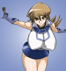 1girls alexis_rhodes big_breasts blonde_hair blue_background blue_elbow_gloves blue_miniskirt breasts busty card elbow_gloves female fingerless_gloves holding_card huge_breasts large_breasts long_hair looking_at_viewer miniskirt nipple_bulge obelisk_blue_uniform shiny_skin thick thick_legs voluptuous yellow_eyes yu-gi-oh! yu-gi-oh!_gx zahkey