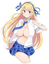 1girls between_breasts blonde_hair blue_eyes blue_necktie blue_ribbon blue_skirt blush breasts cowboy_shot green_eyes grin hair_ribbon highres huge_breasts katsuragi_(senran_kagura) large_breasts long_hair looking_at_viewer mukuba necktie necktie_between_breasts no_bra open_clothes open_shirt plaid plaid_skirt ribbon school_uniform senran_kagura short_sleeves skirt smile solo standing swept_bangs very_long_hair