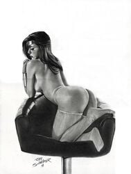 1girls 2018 amazon ass ass_up bare_breasts black_and_white black_hair bracers breasts chair dat_ass dated dc_comics diana_prince ed_benes_studio female female_only from_behind goddess greyscale human justice_league lipstick long_hair monochrome no_bra panties pinup rafa_schneider signature socks solo superheroine themysciran thighhigh_socks thighhighs tiara topless wonder_woman wonder_woman_(series)