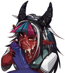 1boy after_fellatio after_sex black_hair black_nails blue_hair cum cum_in_nose cum_on_face cum_on_hair danganronpa danganronpa_2:_goodbye_despair ear_piercing facial fang female fingernails grey_hair highres horns large_penis lip_piercing long_hair looking_at_viewer mioda_ibuki multicolored_hair oni oni_horns penis penis_grab piercing pink_eyes pink_hair pointy_ears polyle pov purple_skin red_oni red_skin school_uniform serafuku sharp_fingernails smooth_skin solo_focus straight streaked_hair super_danganronpa_2 tongue tongue_out uncensored white_background yellow_sclera