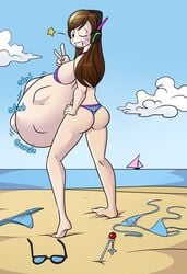 2girls asian asian_female barefoot beach belly belly_bulge belly_expansion bikini brown_eyes brown_hair d.va dahs female female_only glasses headset mei_(overwatch) multiple_girls overwatch soft_vore swimsuit v vore wink winking_at_viewer