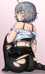 ahoge ass ass_cleavage bare_shoulders black_legwear bra breasts butt_crack chains collar eyeliner fate/grand_order fate_(series) garter_belt grey_hair jeanne_alter kevbot large_breasts looking_at_viewer no_panties pantyhose short_hair spiked_collar torn_pantyhose yellow_eyes