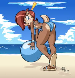 ! anthro ass ball beach bikini blue_eyes blush bracelet breasts brown_fur chipmunk clothed clothing cloud detailed_background embarrassed female footwear fur ground_squirrel hair holding_ball holding_object jewelry looking_back mammal outside red_hair rodent rongs1234 sally_acorn sand sandals sciurid seaside skimpy sky solo sonic_(series) surprise swimwear under_boob