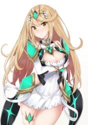 1girls absurdres armor bangs bare_shoulders blonde_hair breasts cleavage cleavage_cutout covered_navel female gem gloves headpiece highres large_breasts long_hair mythra_(xenoblade) nintendo solo swept_bangs tetora_(yumejihuka) thigh_strap tiara xenoblade_(series) xenoblade_chronicles_2 yellow_eyes