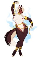 2018 4_toes absurd_res anthro breasts canid canine collar ear_piercing female fur furry furry_only hair hi_res kitsunewaffles-chan long_hair looking_at_viewer mammal nipples piercing pussy smile solo standing tail thick_thighs toes voluptuous white_hair wide_hips