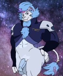 2019 abs anthro blakeboy blue_fur blue_hair blue_penis blue_skin commander_meouch felid front_view fur hair lion looking_at_viewer male male_only mammal mane muscular muscular_male pantherine penis solo twrp white_fur