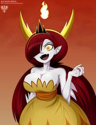 1girls alcasar-reich bare_shoulders breasts cleavage disney dress fangs flame hair_over_one_eye hekapoo horns large_breasts long_hair open_mouth orange_dress orange_eyes red_hair star_vs_the_forces_of_evil tongue white_skin wide_hips yellow_sclera