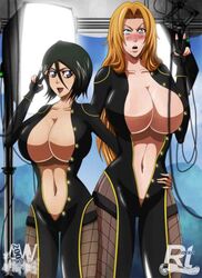 2girls alternate_breast_size big_breasts bimbo black_hair bleach bodysuit cleavage ero-enzo fishnet_pantyhose huge_breasts kuchiki_rukia latex long_hair matsumoto_rangiku multiple_girls short_hair