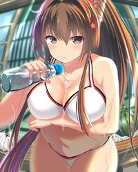 1girls :/ ass_visible_through_thighs bangs bikini blush bottle breast_hold breasts brown_eyes brown_hair fisheye food fruit hair_between_eyes hair_intakes hair_ornament kantai_collection kayari_buta kuroame_(artist) large_breasts leaning_forward long_hair looking_at_viewer navel outside ponytail pouring ramune red_eyes skindentation swimsuit very_long_hair watermelon wet white_bikini yamato_(kantai_collection)