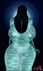 1girls alternate_breast_size areolae ass bbw breasts chubby clothing dress female ghost ghost_girl horror huge_ass huge_breasts long_hair nipples pose pussy see-through soaked solo source_request text the_ring thick_thighs watermark wet wide_hips yamamura_sadako