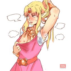 1girls a_link_between_worlds airing_out areolae arm_behind_head armpit_fetish armpit_peek armpits bangle bangs belt blonde_hair blush breasts clothing dress female female_focus female_only gold holding_hair jewelry long_ears long_hair necklace nintendo nipples open_mouth pink_dress princess_zelda shirt_pull simple_background smell solo solo_female solo_focus sweat sweat_stain sweatdrop sweaty sweaty_armpits sweaty_breasts the_legend_of_zelda tiara watermark yotahen zelda_(a_link_between_worlds)