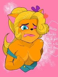 anthro areolae bandicoot bare_shoulders blonde_hair blue_eyes breasts coco_bandicoot crash_(series) crash_(series) crash_team_racing eyelashes eyeshadow female female_focus female_only fur furry kae-est_art lipstick long_hair nipples overalls pinup small_breasts solo speech_bubble tagme tongue tongue_out wink