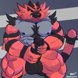 1:1 1boy abs absurd_res anthro biped body_hair chest_hair claws digital_media_(artwork) feline fur furry hi_res incineroar male male_only mammal masturbation muscular muscular_male nintendo nipples penile_masturbation penis pokémon_(species) pokemon pokemon_sm radcanine solo stripes testicles video_games