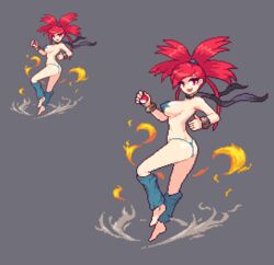 1girls alternate_breast_size ass breasts eye_contact female fire flannery_(pokemon) human human_only looking_at_viewer nintendo noscium pasties pixel_art pokemon pokemon_masters pokemon_rse pose red_eyes red_hair smoke solo wide_hips