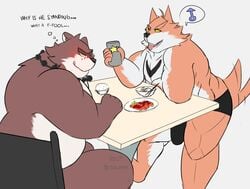 anthro blush bulge canid canine canis chair chopsticks clothing cup dialogue domestic_dog duo english_text fangs food fur gen_(radcanine) happy hi_res jewelry leaning male male_only mammal muscular necklace penis plates radcanine rai_(radcanine) rice sitting slightly_chubby standing table tailwag text tongue underwear ursid