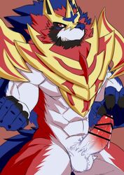 1boy 2019 abs anthro anthrofied bara blush canine censored erection eye_contact furry half-closed_eyes humanoid_penis kadzu legendary_pokémon looking_at_viewer male male_only mammal muscular muscular_male nintendo penis pokémon_(species) pokemon pokemon_ss solo teeth testicles thick_thighs veins video_games zamazenta