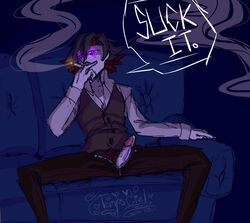 1boy black_hair cigarette command erection fumus funamusea glowing_eyes inviting_to_sex male_only on_couch pants_open penis penis_out red_eyes sitting smoke smoking spread_legs sweatband tempsciel_(artist) vest