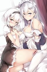 2girls azur_lane belfast_(azur_lane) breasts busty choker come_hither detached_sleeves detailed_background eyebrows_visible_through_hair female female_only hairband large_breasts long_hair maid_headdress maid_uniform mouth_hold personification qigas red_eyes ribbon short_hair silver_hair sirius_(azur_lane) smile white_hair white_legwear zettai_ryouiki