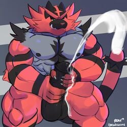 1:1 1boy abs absurd_res anthro biped bodily_fluids body_hair chest_hair claws cum cumshot digital_media_(artwork) ejaculation feline fur furry genital_fluids hi_res incineroar male male_only mammal masturbation muscular muscular_male nintendo nipples orgasm penile_masturbation penis pokémon_(species) pokemon pokemon_sm radcanine solo stripes testicles video_games